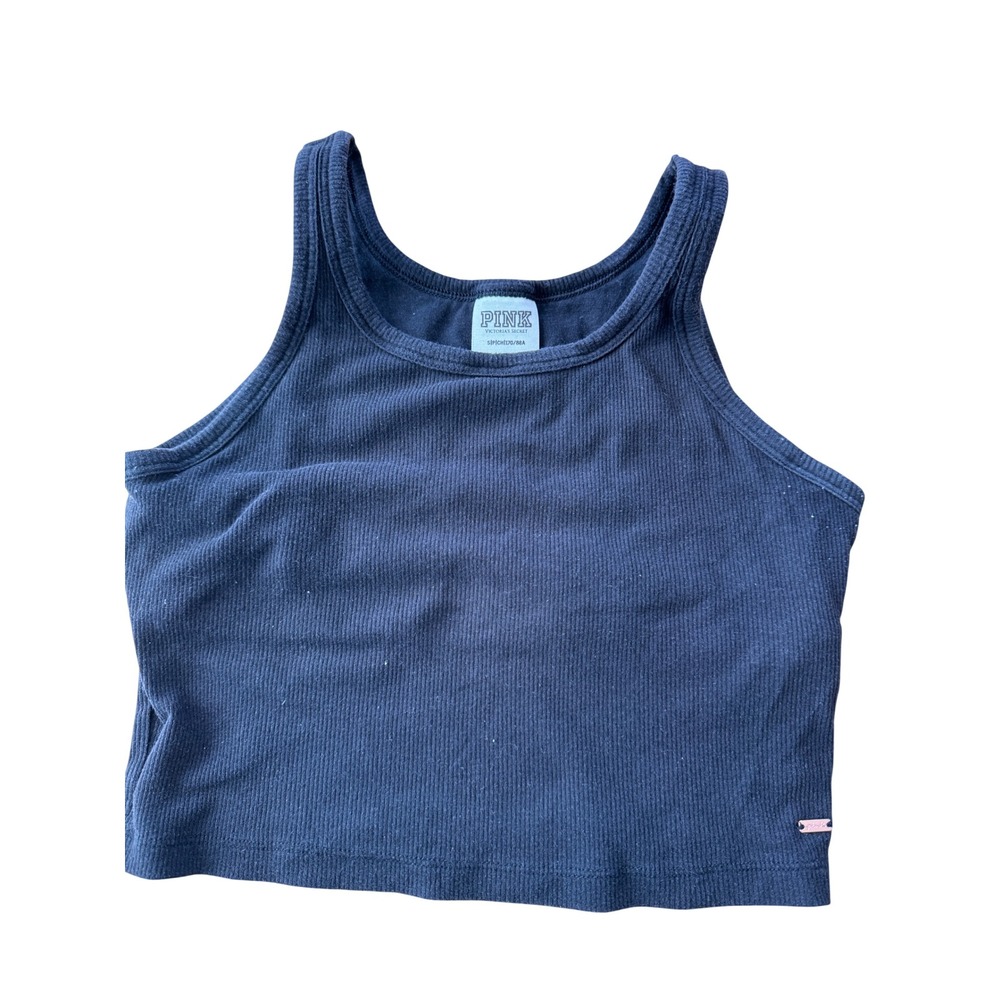 Pink Victoria Secret Ribbed Tank Top Women Small Black Stretch Lounge Shelf‎ Bra